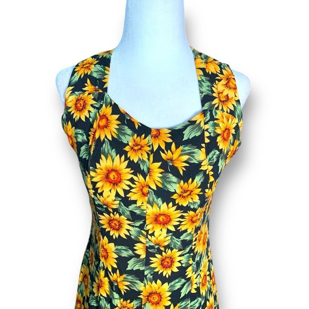 Vintage 90s Maxi Dress Sunflower Dark Floral Printed Black Sleeveless Cross-Back - Picture 3 of 12